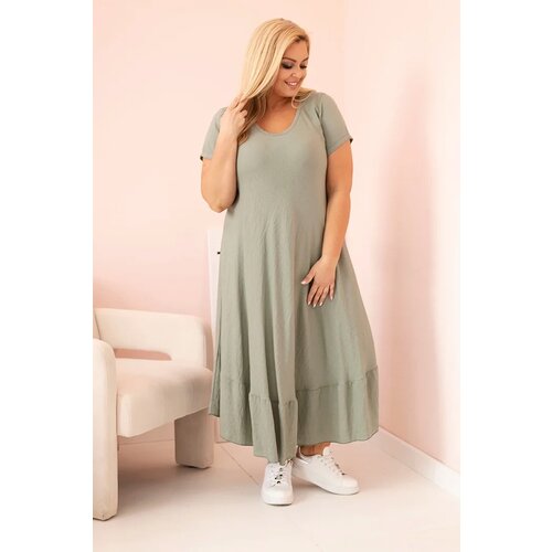 Kesi Włoski Plus size women&amp;#039;s dress with short sleeves and ruffle made of light viscose khaki Slike