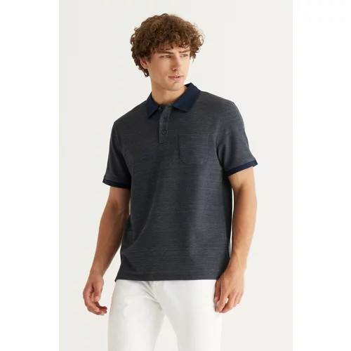 AC&Co / Altınyıldız Classics Men's Navy Blue-Grey Comfort Fit Wide Cut Polo Neck Patterned Short Sleeved T-Shirt.
