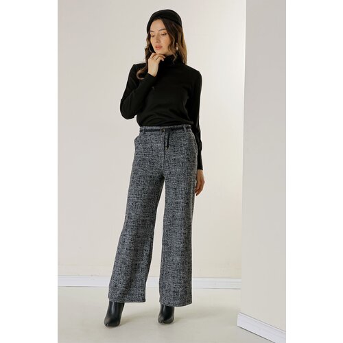 By Saygı Broken Glass Patterned Palazzo Trousers with Elastic Waist Belt and Side Pockets Cene