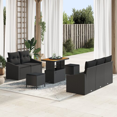 vidaXL 8-dijelni set vrtnih sofa s jastučićima Crni Poli ratan Akacija, 2-sjedalna vrtna sofa s odlaganjem i jastučićima Crni Poli ratan, 3-dijelni set za blagovanje u vrtu s jastučićima Crni Poli ratan Akacija Cijene