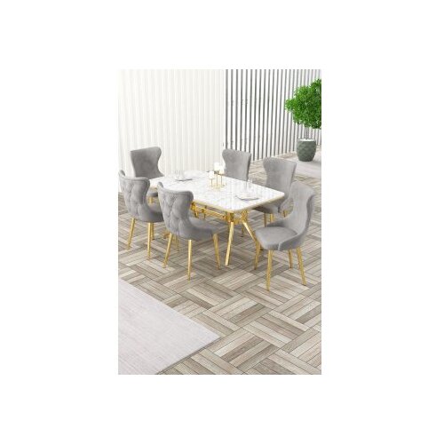 Hanah home Rasklopivi trpezarijski sto i stolice (7 delova) Esla White Marble Gold Grey Cene