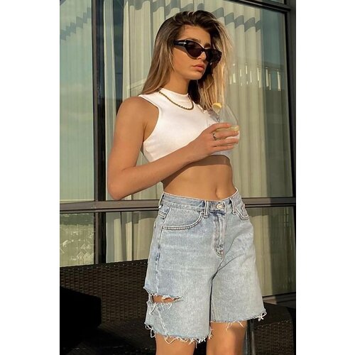 Madmext Blue High Waist Ripped At The Side Denim Shorts Slike