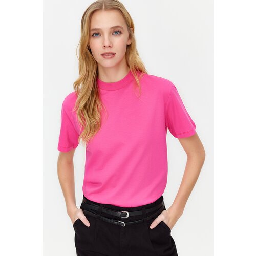 Trendyol Dark Pink 100% Cotton Basic Stand Collar Knitted T-Shirt Slike