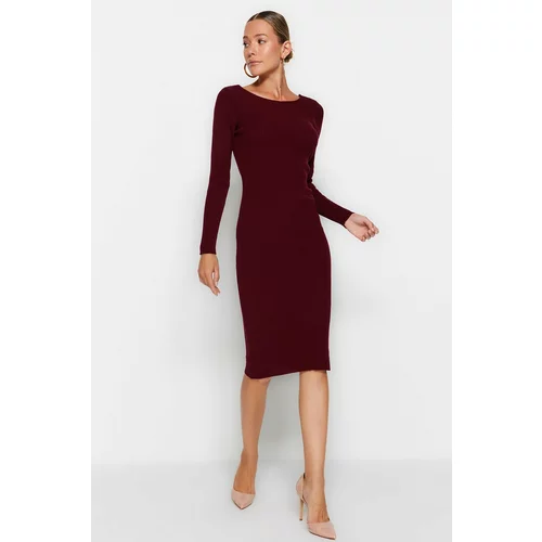 Trendyol Claret Red Fitted Midi Knitwear With Back Detail Dress