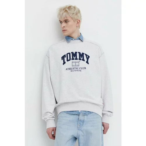 Tommy Jeans Bombažen pulover moška, siva barva