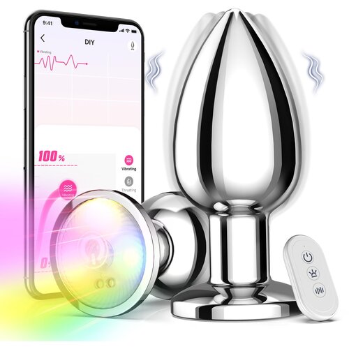 SuperLove Powerful Glowing Vibrating Metal Butt Plug with Remote &amp;amp; App Medium Slike
