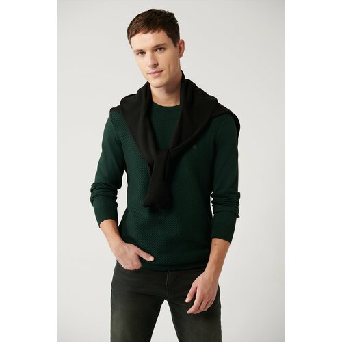 Avva Men's Green Knitwear Sweater Crew Neck Front Textured Cotton Standard Fit Regular Cut Cene