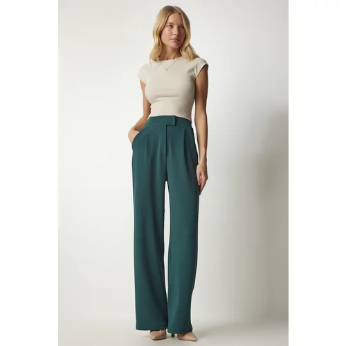 Happiness İstanbul Women's Emerald Green Comfort Woven Pants with a Velcro Waist