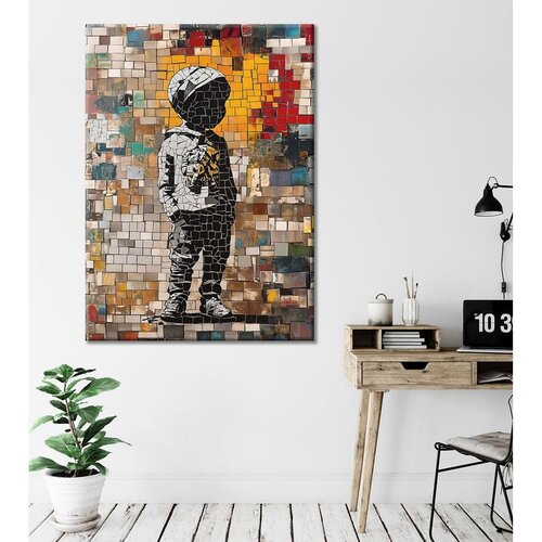 Wallxpert slika na platnu WY450, dečak u mozaik stilu ispred &amp;scaron;arenog zida od pločica, 70 x 100 cm Slike