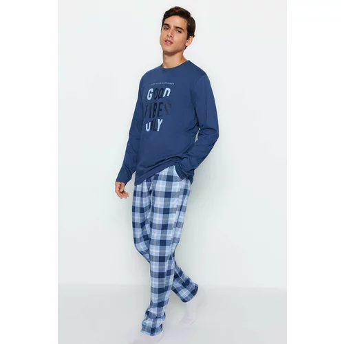 Trendyol Men's Blue Regular Fit Plaid Knitted Pajamas Set