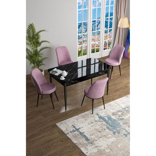 Hanah home trpezarijski set Han, sto na razvlačenje i 4 stolice, ploča u dekoru crnog mermera, roze tkanina Jerry Cene