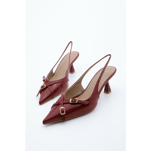 Marjin Women's Stiletto Pointed Toe Open Back Thin Heel Heel Shoes Chestnut Burgundy Patent Leather Cene
