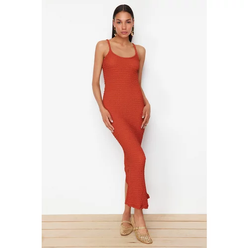 Trendyol Cinnamon Textured Plain Bodycone/Fit Strap Maxi Flexible Knitted Pencil Dress