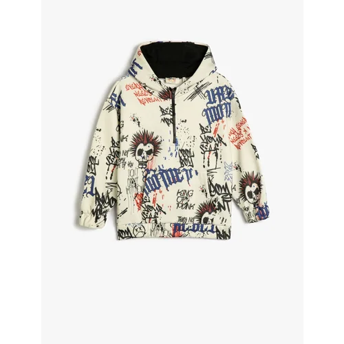 Koton Oversized Hoodie Sweatshirt with Half Zipper Rayon Printed