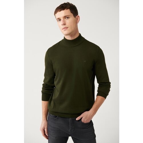 Avva Men's Dark Khaki Unisex Knitwear Sweater Half Turtleneck Non-Pilling Standard Fit Regular Cut Cene