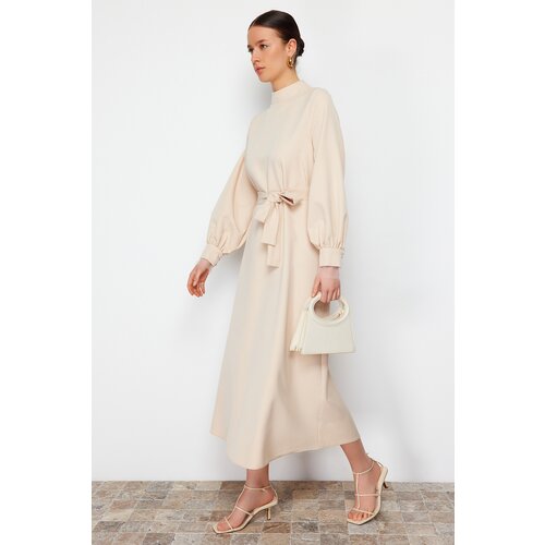 Trendyol Ecru Stand Collar Belt Detailed Woven Dress Slike