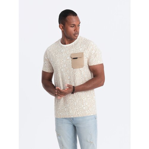 Ombre Men's cotton t-shirt with letter print and pocket - cream and brown Cene