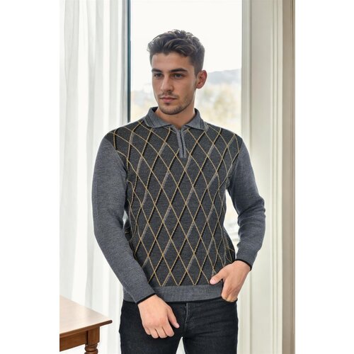 Dewberry 29477 Zippered Polo Collar Mens Sweater-GREY Slike