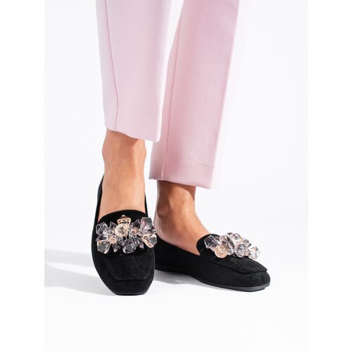 SHELOVET Black suede lords with decorative crystals Slike