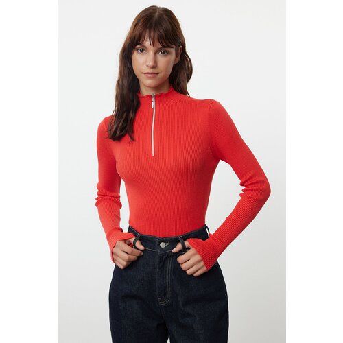 Trendyol Red Cotton Blend Zippered Stand Collar Thin Knit Sweater Slike
