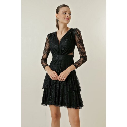 By Saygı Front Back V-Neck Lined Lace Tiered Short Dress Slike