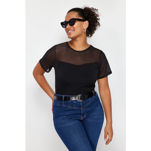 Trendyol Curve Black Heart Collar Mesh Detailed Knitted Blouse Slike
