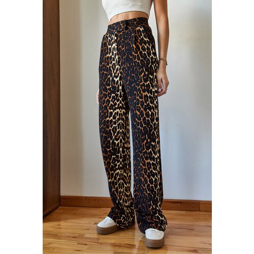 Bianco Lucci Women's Leopard Print Pocket Detailed Velcro Palazzo Trousers 3826 Slike