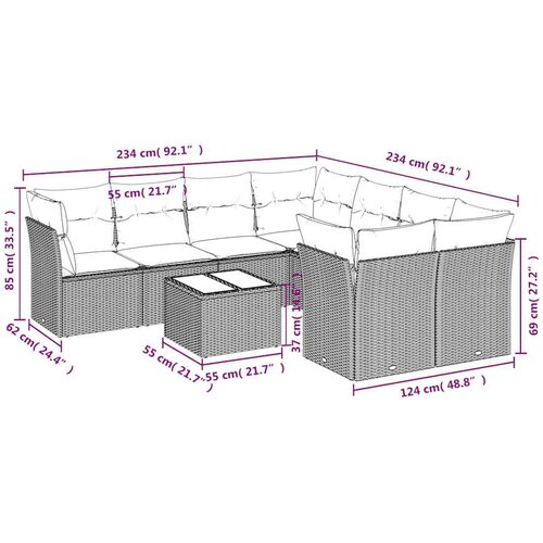  9-dijelni set vrtnih sofa s jastucima crni od poliratana Slike