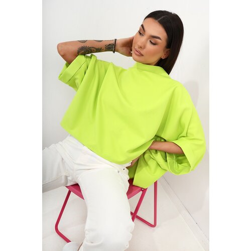 Fasardi Oversize kimono blouse with stand-up collar, lime Slike
