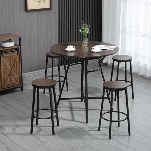 HOMCOM Jedilni set v industrijskem slogu z mizo in štirimi stoli za kuhinjo in bar, komplet iz lesa in jekla, barva oreh, (20745734)