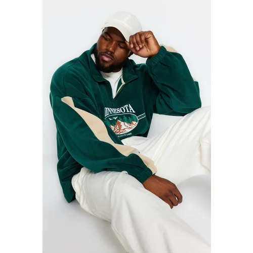 Trendyol Emerald Green Unisex Plus Size Oversized Comfortable Stand Collar Zippered City Embroidery Fleece Sweatshirt.