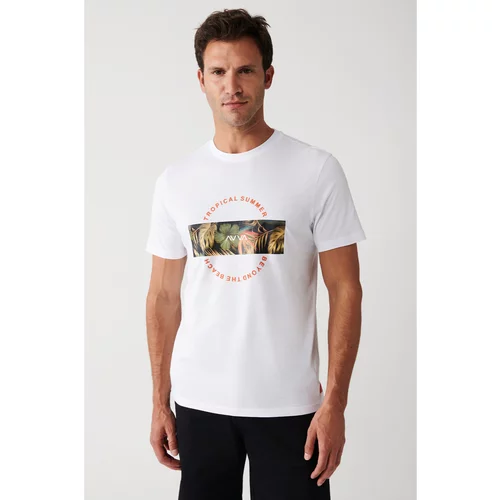Avva Men's White Ultrasoft Crew Neck Tropical Printed Standard Fit Regular Fit T-shirt