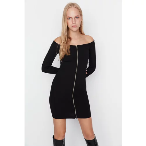 Trendyol Black Zippered Carmen Collar Interlock Knitted Dress