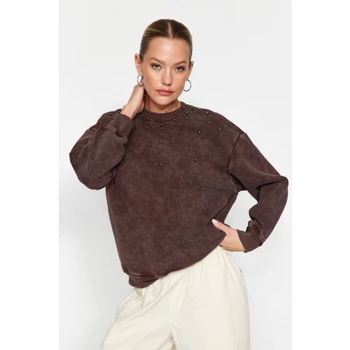 Trendyol Brown Antiqued/Faded Effect Thick Fleece Pearl Detailed Regular Knitted Sweatshirt