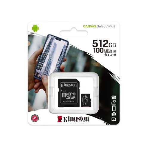 Kingston MicroSD 512GB Class10Canvas Select Plus;SD adapter100/85MBs,Class 10 UHS-I, U3, V30 Slike