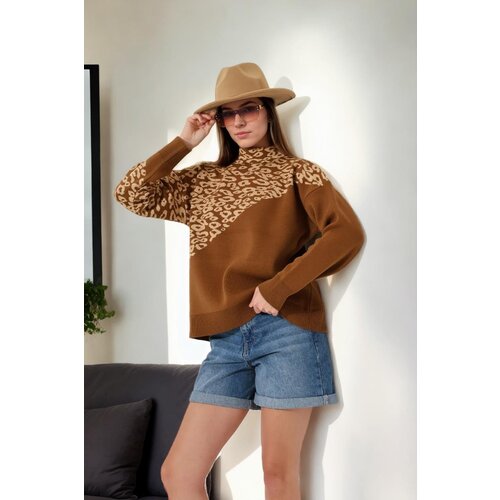 Dewberry 90315 Half Turtleneck Leopard Womens Sweater-BROWN Slike