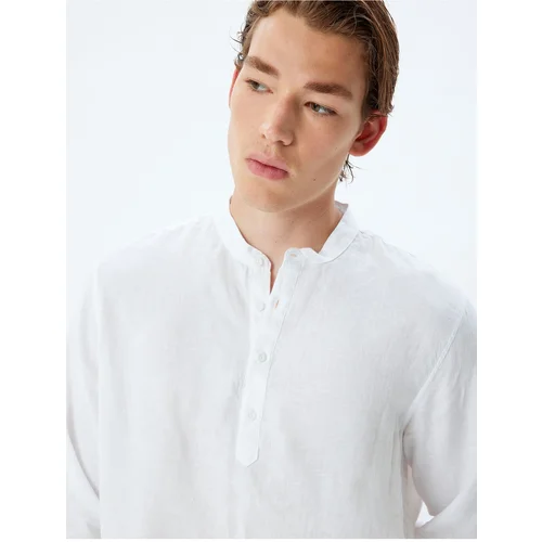 Koton Collarless Linen Shirt Long Sleeve Button Detail