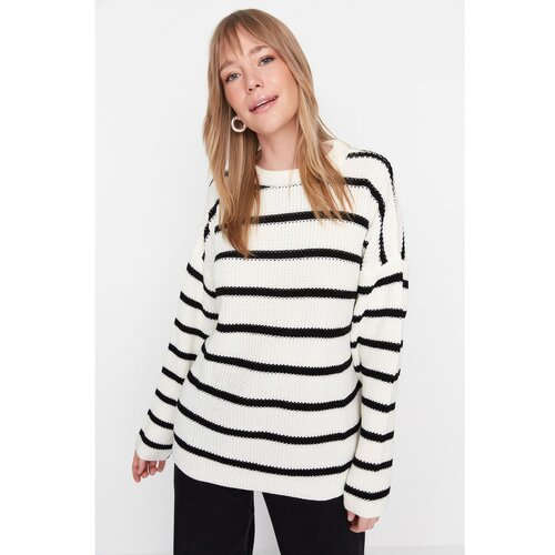Trendyol Ecru Striped Oversize Knitwear Sweater Cene