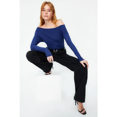 Trendyol Light Navy Blue Premium Soft Fabric Fitted Boat Neck Knitted Blouse