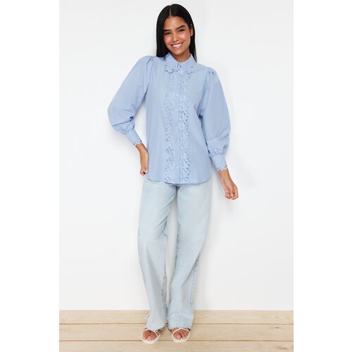 Trendyol Blue Lace Brode Detail Cotton Woven Shirt Slike