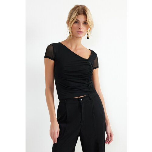 Trendyol Black Asymmetrical Collar Tulle Stretchy Knitted Blouse Cene