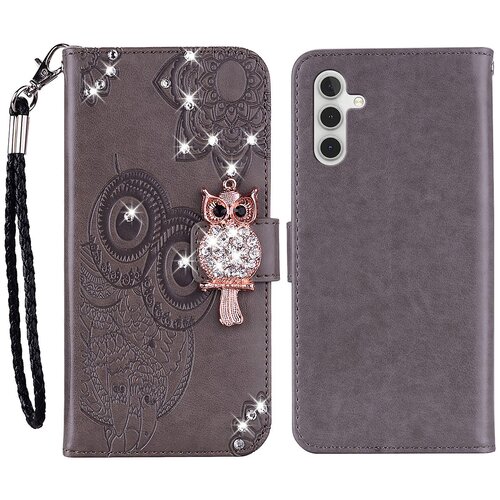 INORCO Za Samsung Galaxy A34 5G Rhinestone PU usnjeno stojalo, denarnica, ovitek za telefon z vtisnjeno rožo sove, ovitek za telefon, (22033452) Slike