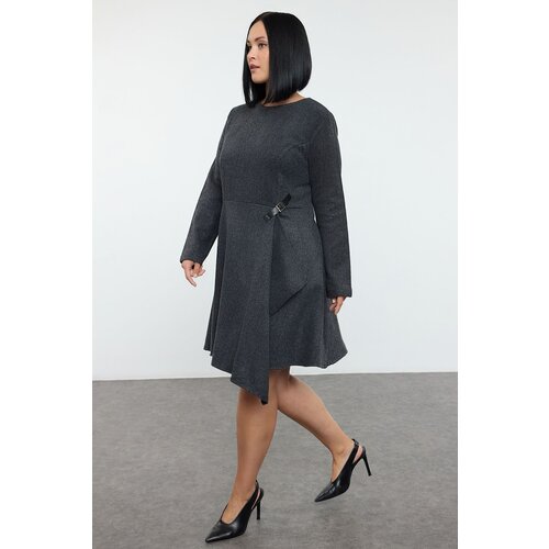 Trendyol Curve Anthracite Tweed Buckle Accessory Long Sleeve Woven Plus Size Dress Cene