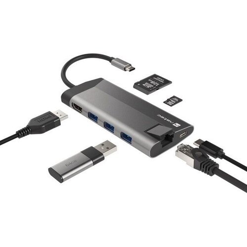  fowler plus, usb type-c 6-in-1 multi-port adapter (USB3.0 hub + hdmi + pd + sd/microsd card reader + gigabit lan), max. output 100W, grey Cene