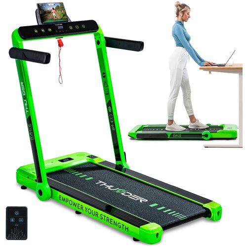 THUNDER Električna pod-biro zložljiva tekalna steza &reg; RACE-GREEN&ndash; 14 km/h, 2 KM, 14 cm nizka zasnova, Bluetooth, nosilnost 130 kg, (5000089648) Cene