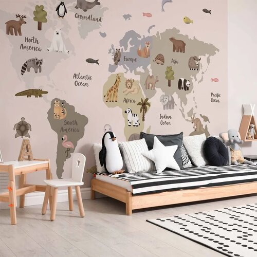  Foto tapeta - Pastel Map - Animals and Continents for Children\&amp;#039;s Room 245x175 Samoljepljiva Slike