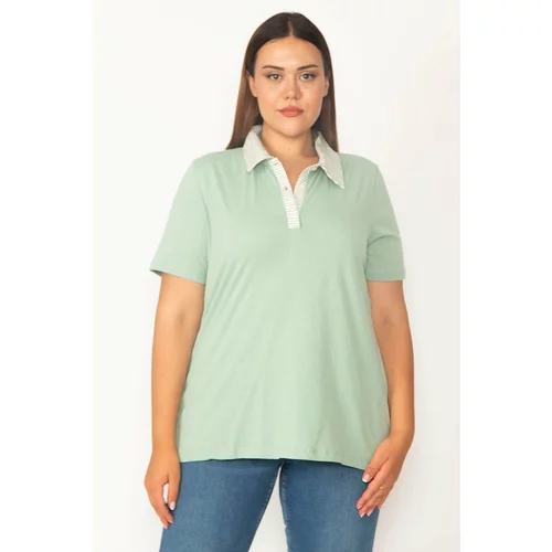 Şans Women's Plus Size Green Cotton Fabric Polo Collar Pat Buttoned Blouse