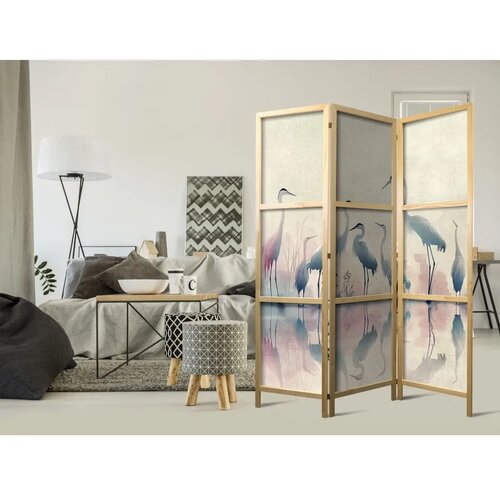  Japanski paravan - Birds by the lake – herons painted in watercolours in delicate grey and pink colours 135x172 Cene