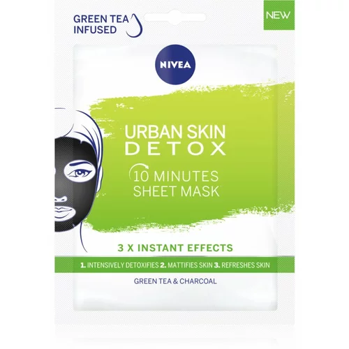 Nivea Urban Skin Detox 10 Minutes Sheet Mask razstrupljevalna maska z zelenim čajem in ogljem 1 ks za ženske