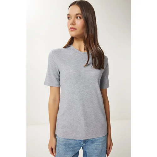 Happiness İstanbul Women's Gray Melange Cotton Basic Knitted T-Shirt